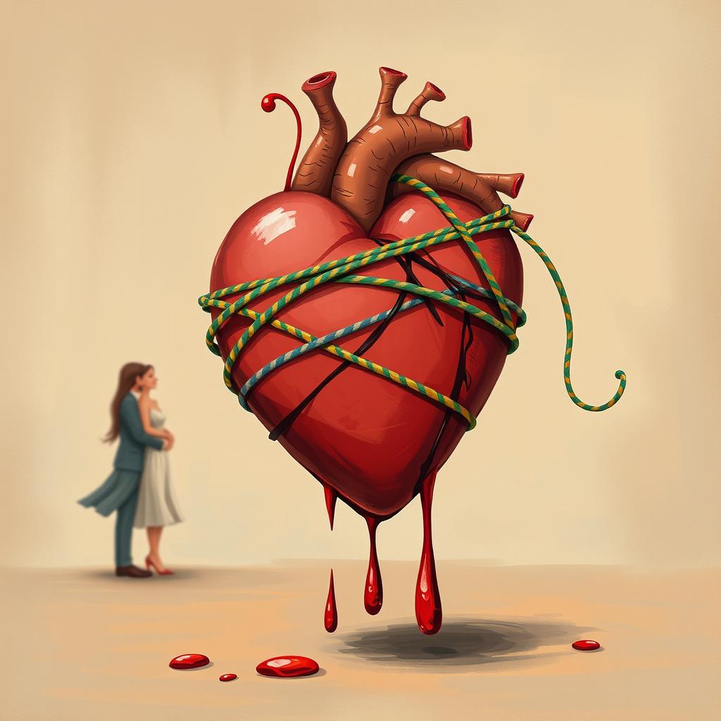A stylized, non-realistic illustration featuring a heart wrapped with a colorful, whimsical string, with vibrant blood dripping from it