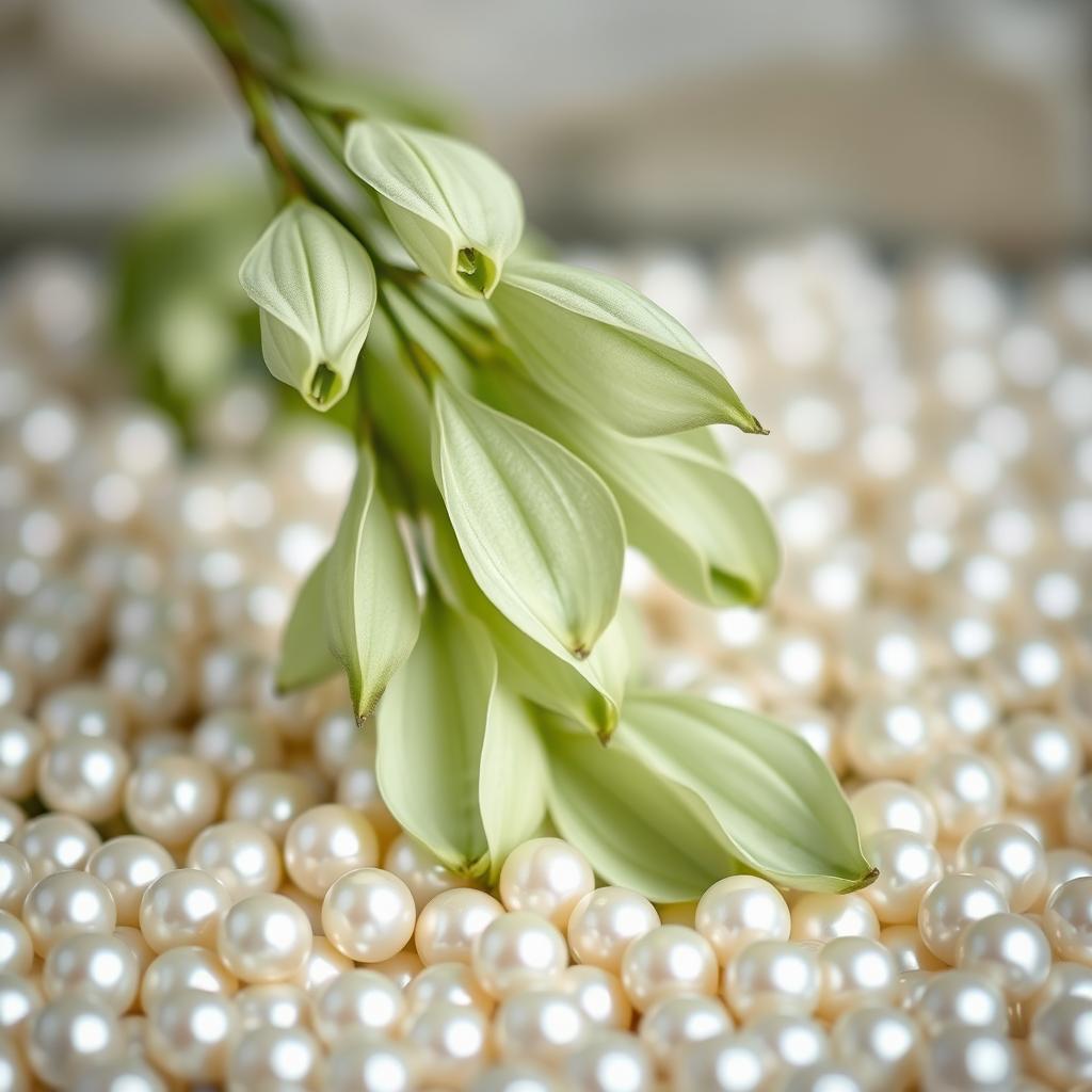 A stunning book cover featuring delicate sage green flower petals gracefully cascading down onto a bed of lustrous white pearls