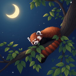 A sleeping red panda comfortably perched on a tree branch, surrounded by lush green leaves