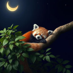 A sleeping red panda comfortably perched on a tree branch, surrounded by lush green leaves