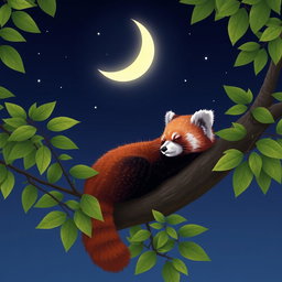 A sleeping red panda comfortably perched on a tree branch, surrounded by lush green leaves