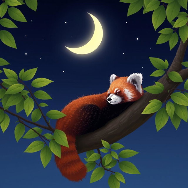 A sleeping red panda comfortably perched on a tree branch, surrounded by lush green leaves