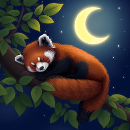 A sleeping red panda comfortably perched on a tree branch, surrounded by lush green leaves