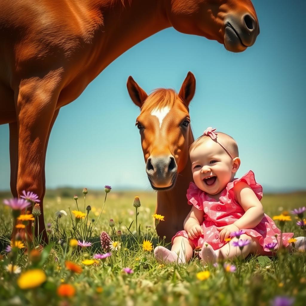 A heartwarming scene featuring a gentle horse and a cute baby sitting together in a sunny meadow