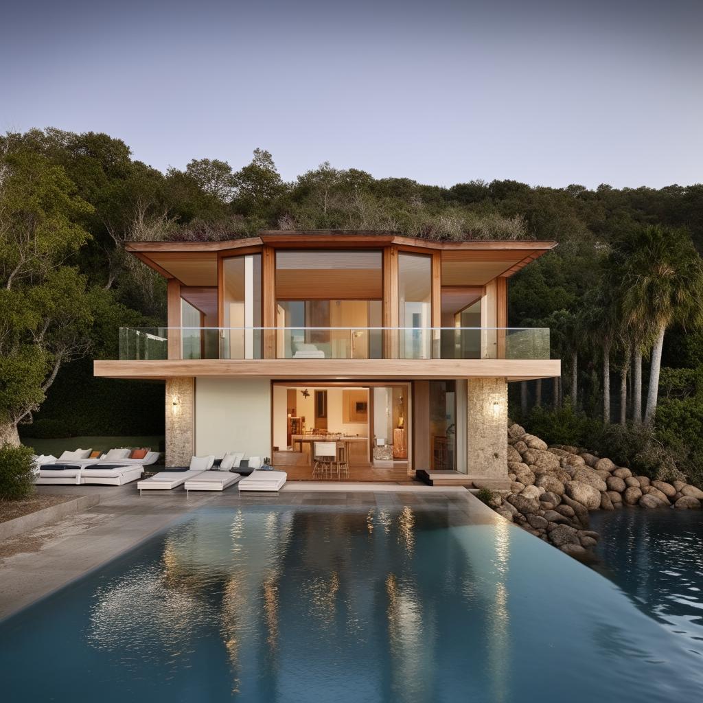 Design a two-story coastal villa with an infinity pool.