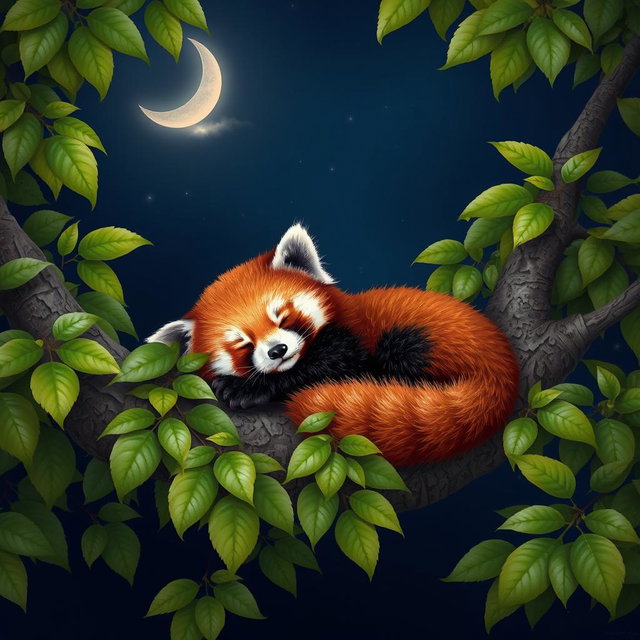 A sleeping red panda nestled comfortably on a tree branch, surrounded by lush green leaves
