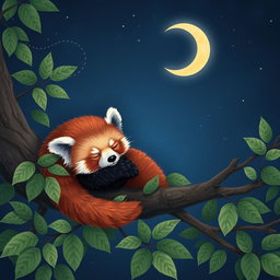 A sleeping red panda nestled comfortably on a tree branch, surrounded by lush green leaves