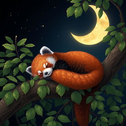 A sleeping red panda nestled comfortably on a tree branch, surrounded by lush green leaves