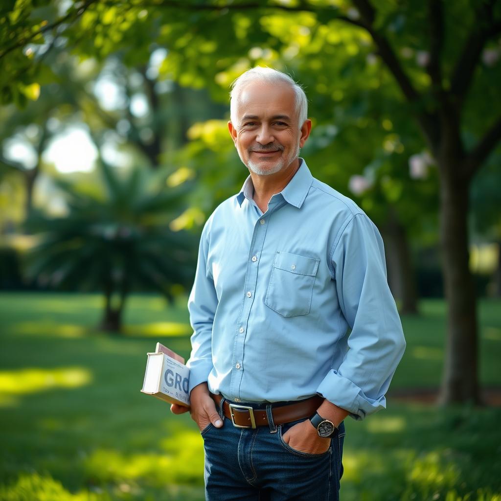 A serene portrait of Anil Pokhrel, a middle-aged man with a gentle smile and kind eyes, standing in a lush green park illuminated by soft sunlight