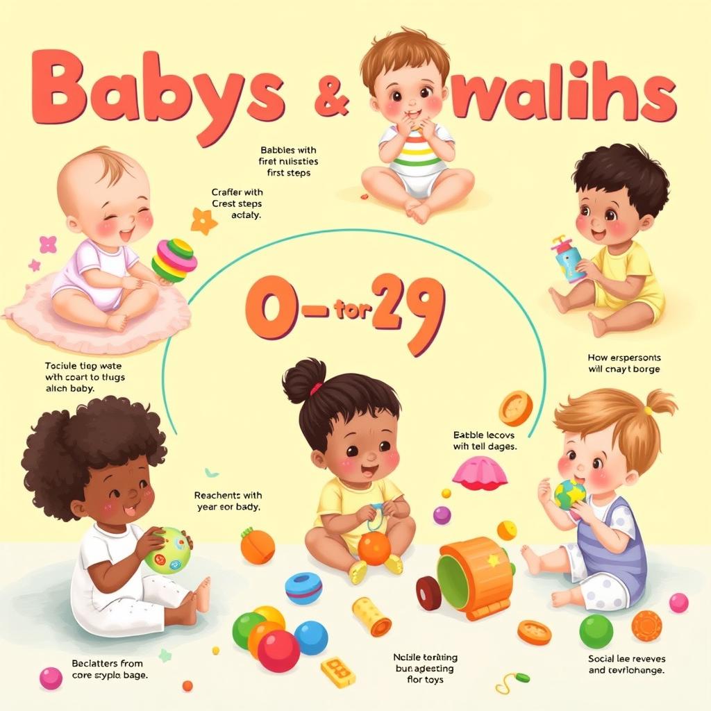 A vibrant and informative illustration displaying the developmental milestones of babies aged 0 to 2 years