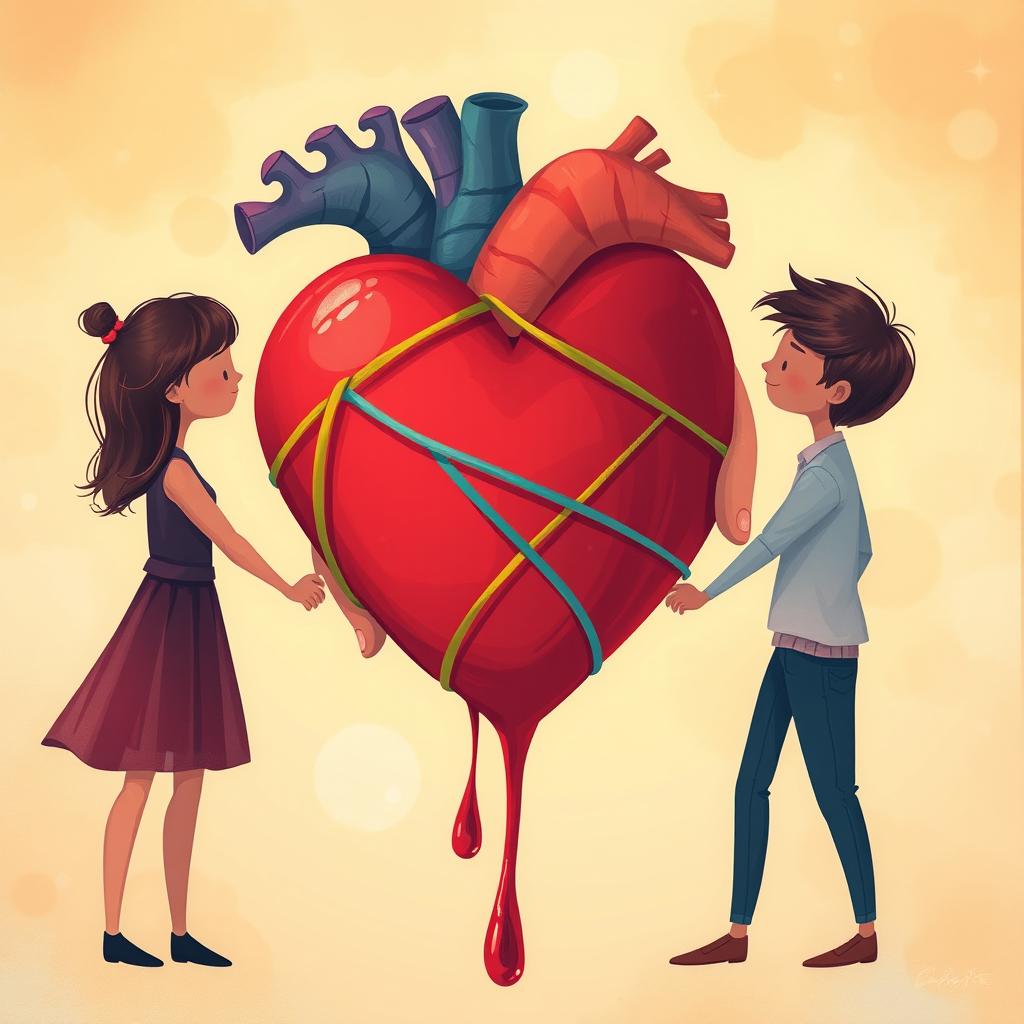 A heartfelt illustration featuring a vibrant, stylized heart wrapped with a colorful string, entwined with the fingers of a couple holding hands