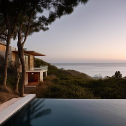 Design a two-story coastal villa with an infinity pool.