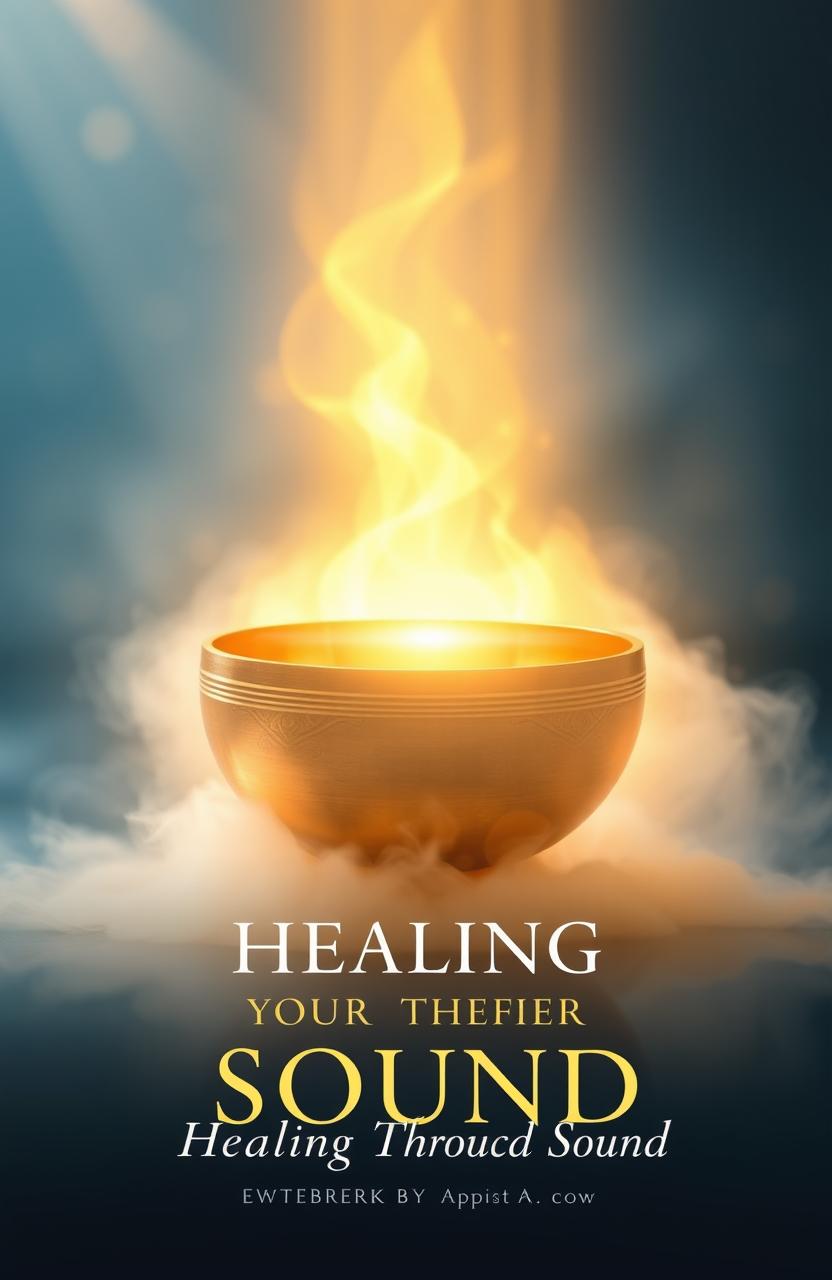 A glowing Tibetan singing bowl emitting golden sound waves, surrounded by a peaceful, ethereal mist