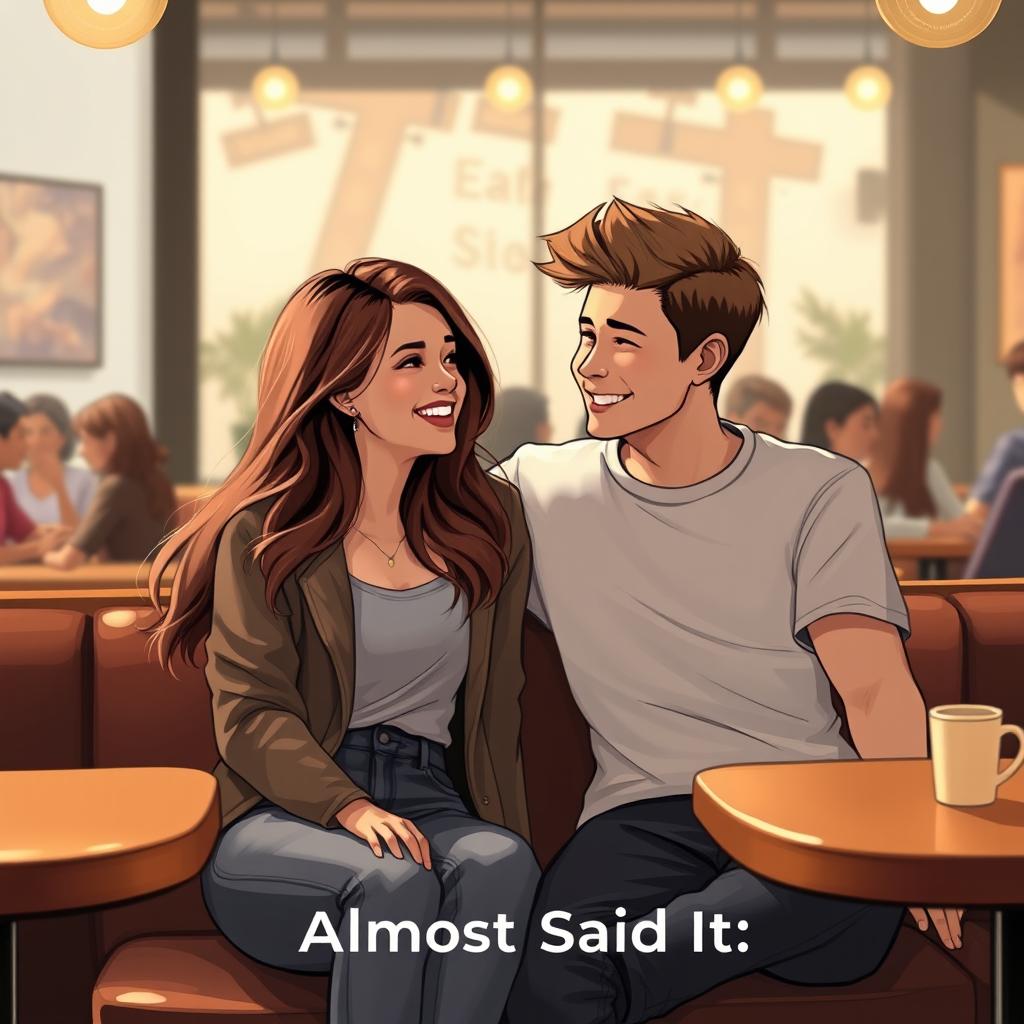 A heartfelt depiction of two close adult friends, a girl and a boy, sitting together in a cozy café