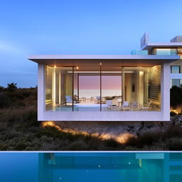 Design a two-story coastal villa with an infinity pool.