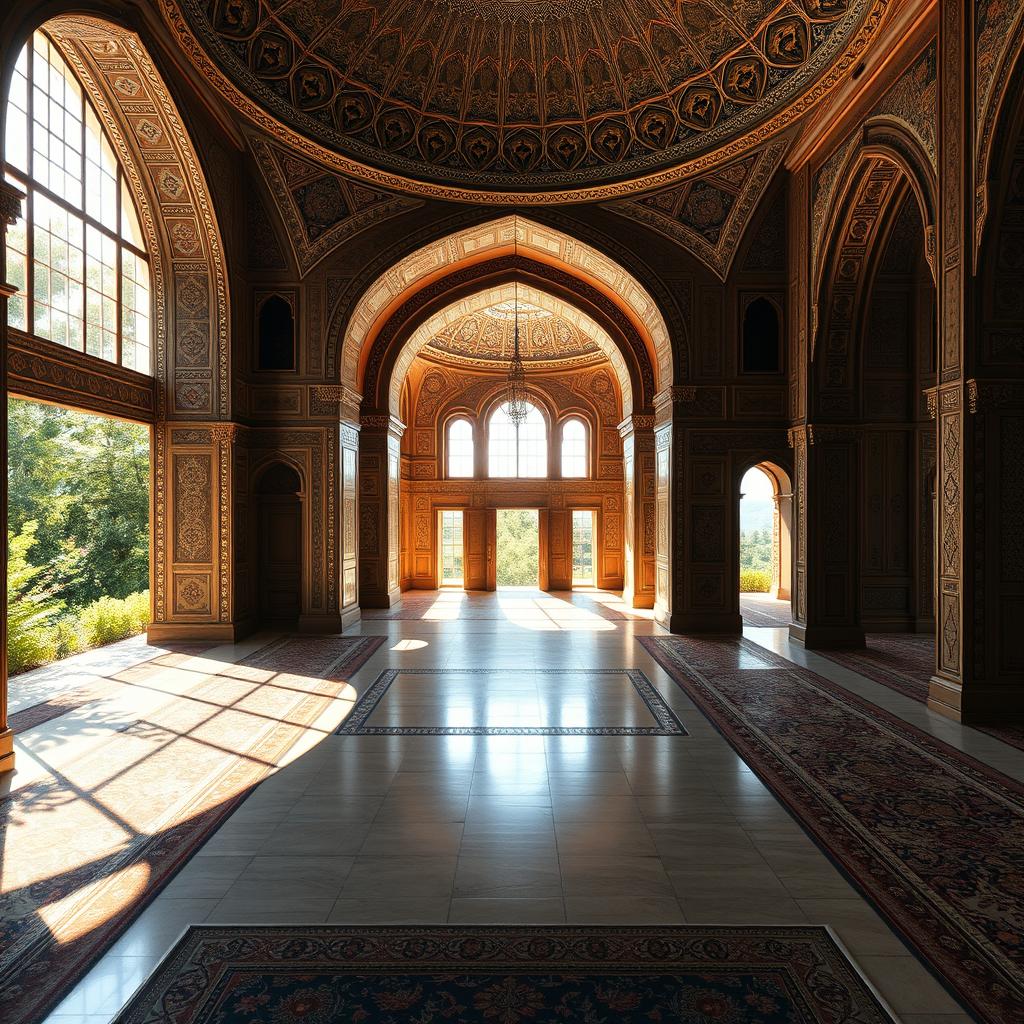 A stunning Persian palace interior, featuring intricate tile work, ornate arches, and lavish rugs