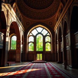 A stunning Persian palace interior, featuring intricate tile work, ornate arches, and lavish rugs