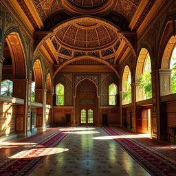 A stunning Persian palace interior, featuring intricate tile work, ornate arches, and lavish rugs