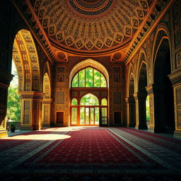 A stunning Persian palace interior, featuring intricate tile work, ornate arches, and lavish rugs