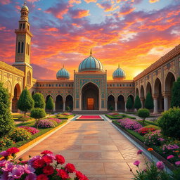 An enchanting Persian palace background inspired by the Shahnameh, featuring grand architecture with soaring minarets and intricately designed arched doorways