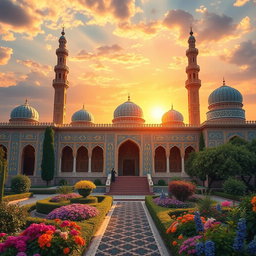 An enchanting Persian palace background inspired by the Shahnameh, featuring grand architecture with soaring minarets and intricately designed arched doorways