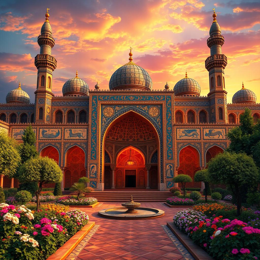 An enchanting Persian palace background inspired by the Shahnameh, featuring grand architecture with soaring minarets and intricately designed arched doorways