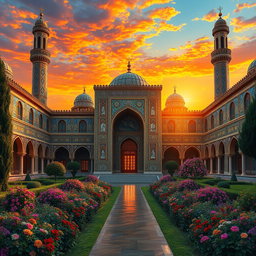 An enchanting Persian palace background inspired by the Shahnameh, featuring grand architecture with soaring minarets and intricately designed arched doorways
