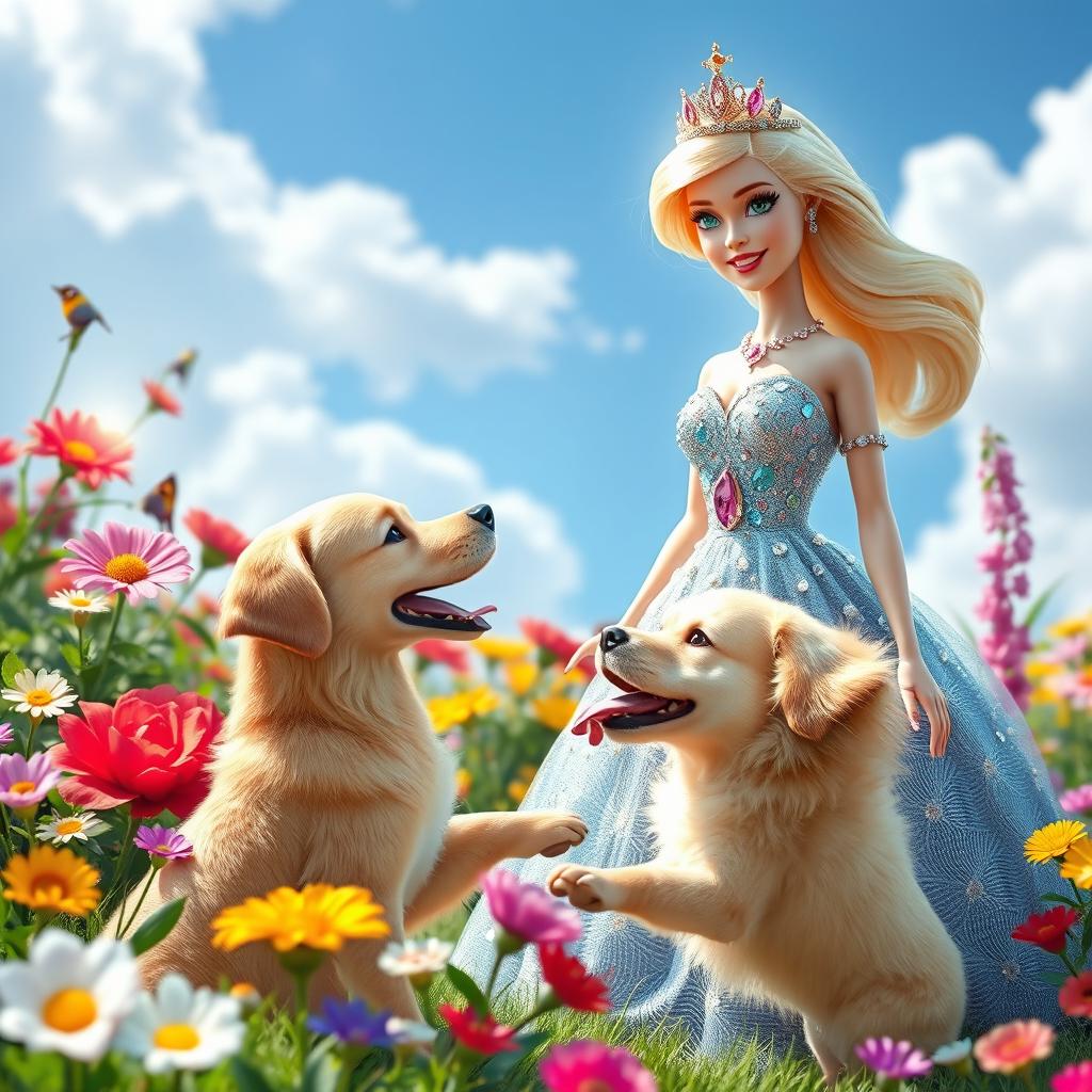A fantasy scene featuring a beautiful gemstone blonde Barbie princess in a sparkling gown, surrounded by colorful flowers in a lush garden, as a playful dog barks excitedly at her