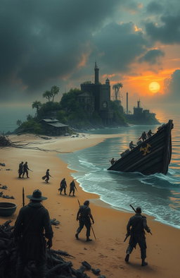 A dramatic scene depicting the aftermath of a shipwreck on a sandy beach, where a few survivors are emerging from the wreckage