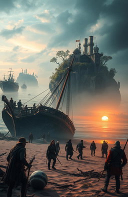 A dramatic scene depicting the aftermath of a shipwreck on a sandy beach, where a few survivors are emerging from the wreckage