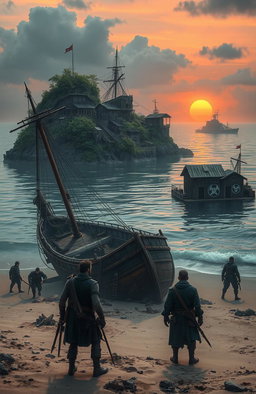 A dramatic scene depicting the aftermath of a shipwreck on a sandy beach, where a few survivors are emerging from the wreckage