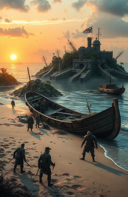 A dramatic scene depicting the aftermath of a shipwreck on a sandy beach, where a few survivors are emerging from the wreckage