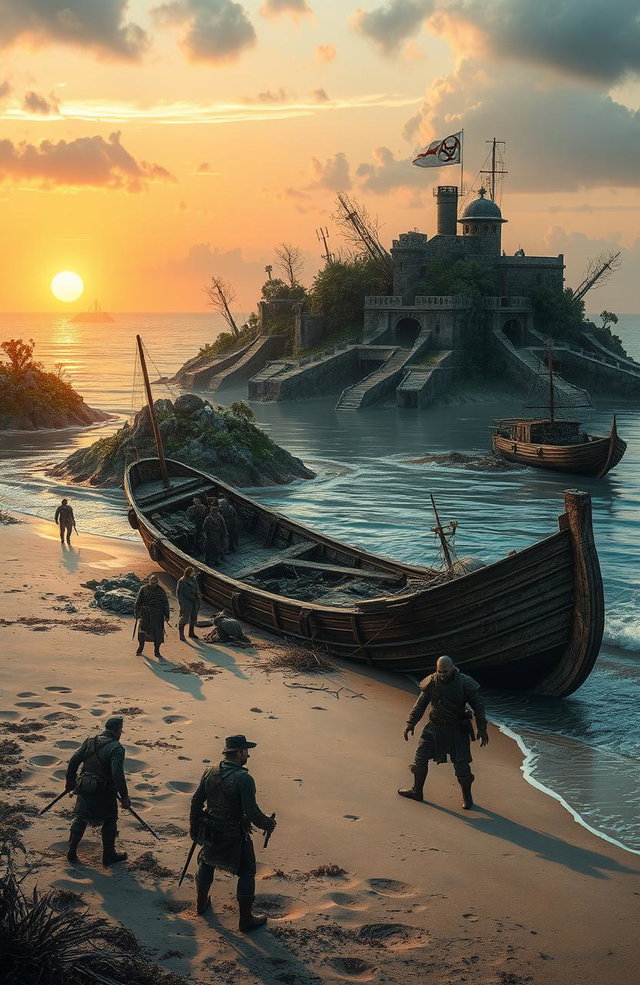 A dramatic scene depicting the aftermath of a shipwreck on a sandy beach, where a few survivors are emerging from the wreckage