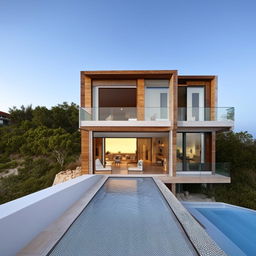 Design a two-story coastal villa with an infinity pool.