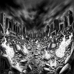 A dramatic black and white drawing depicting a desolate landscape littered with broken televisions and smartphones amidst the ruins of a collapsed urban environment