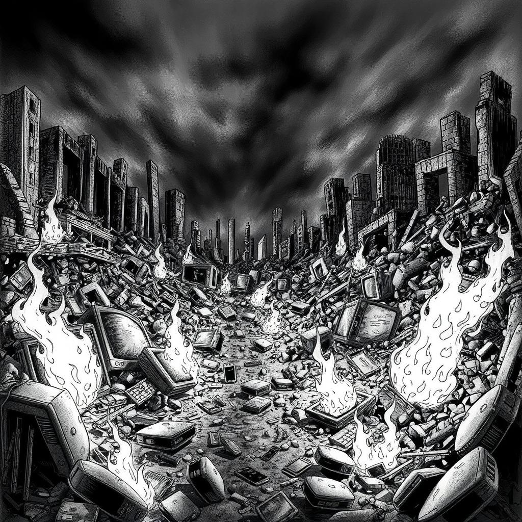 A dramatic black and white drawing depicting a desolate landscape littered with broken televisions and smartphones amidst the ruins of a collapsed urban environment