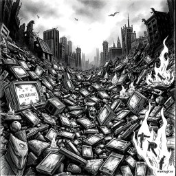 A dramatic black and white drawing depicting a desolate landscape littered with broken televisions and smartphones amidst the ruins of a collapsed urban environment