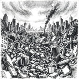 A dramatic black and white drawing depicting a desolate landscape littered with broken televisions and smartphones amidst the ruins of a collapsed urban environment