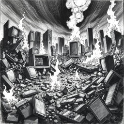 A dramatic black and white drawing depicting a desolate landscape littered with broken televisions and smartphones amidst the ruins of a collapsed urban environment
