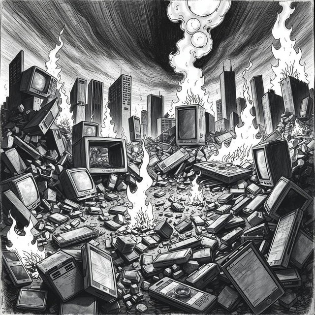 A dramatic black and white drawing depicting a desolate landscape littered with broken televisions and smartphones amidst the ruins of a collapsed urban environment