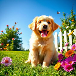 A playful golden retriever puppy with fluffy fur, sitting on a lush green lawn under a bright blue sky