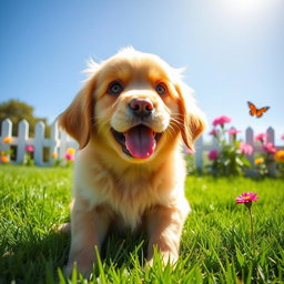 A playful golden retriever puppy with fluffy fur, sitting on a lush green lawn under a bright blue sky