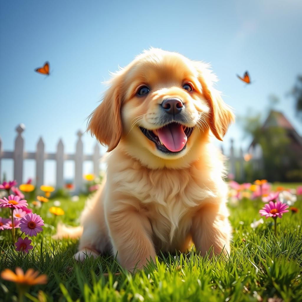 A playful golden retriever puppy with fluffy fur, sitting on a lush green lawn under a bright blue sky