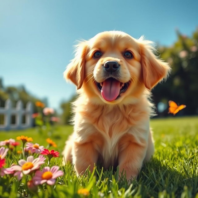 A playful golden retriever puppy with fluffy fur, sitting on a lush green lawn under a bright blue sky