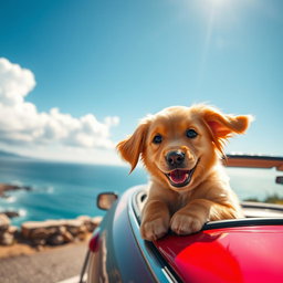 A joyful golden retriever puppy with fluffy fur, sticking its head out of the window of a shiny red convertible car