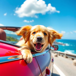 A joyful golden retriever puppy with fluffy fur, sticking its head out of the window of a shiny red convertible car