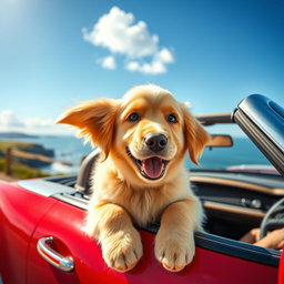 A joyful golden retriever puppy with fluffy fur, sticking its head out of the window of a shiny red convertible car