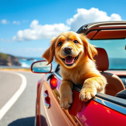 A joyful golden retriever puppy with fluffy fur, sticking its head out of the window of a shiny red convertible car