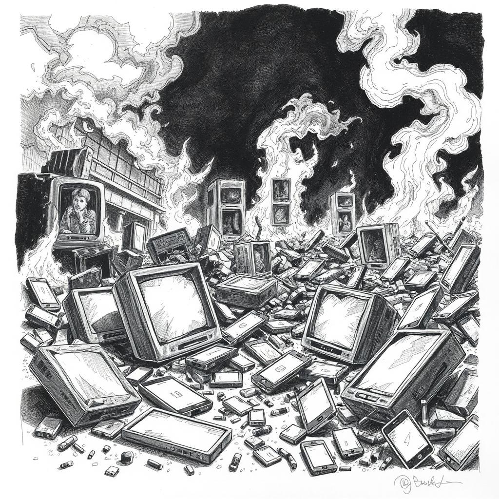 A detailed black and white drawing depicting a dystopian scene where broken televisions and smartphones are scattered amid the ruins of a city