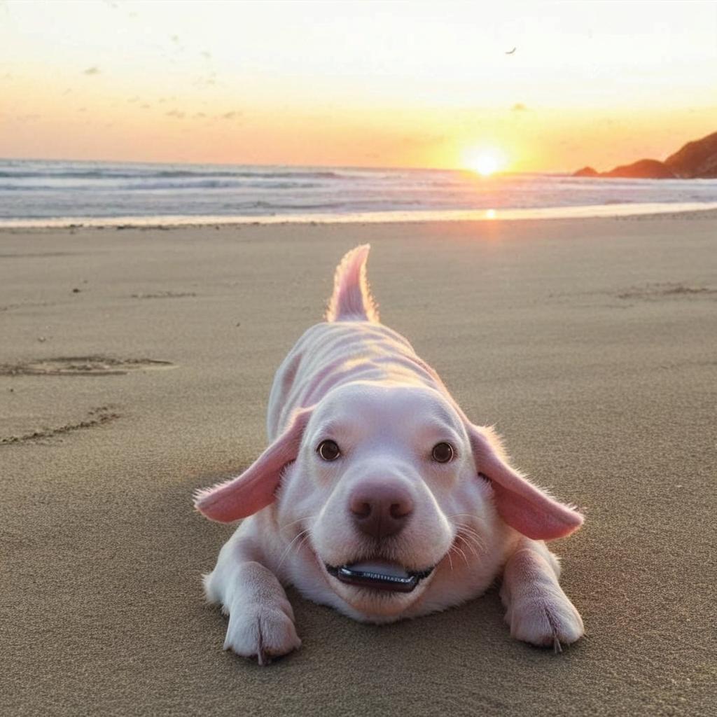 Peaceful Sunset: A White Dog's Beach Retreat